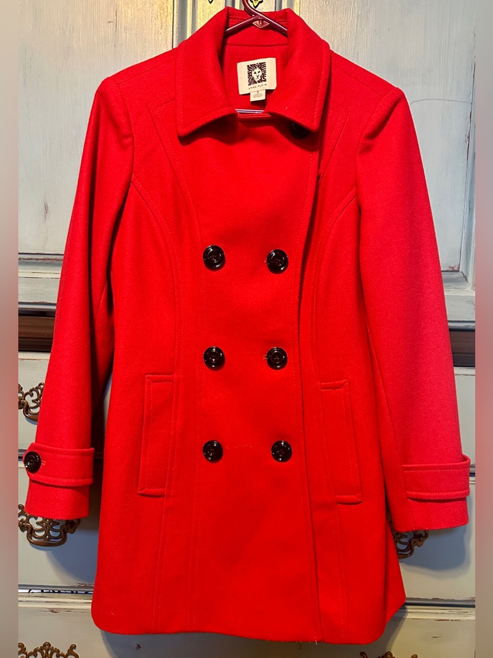 Anne Klein Bright Red Double-Breasted Pea Coat